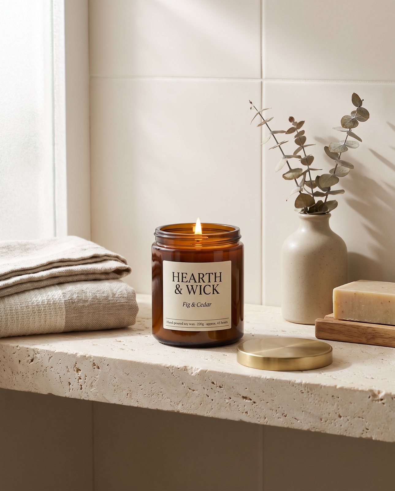 The same lit candle on a travertine bathroom shelf beside folded linen towels, a vase of eucalyptus and a bar of soap, with the brass lid beside the jar