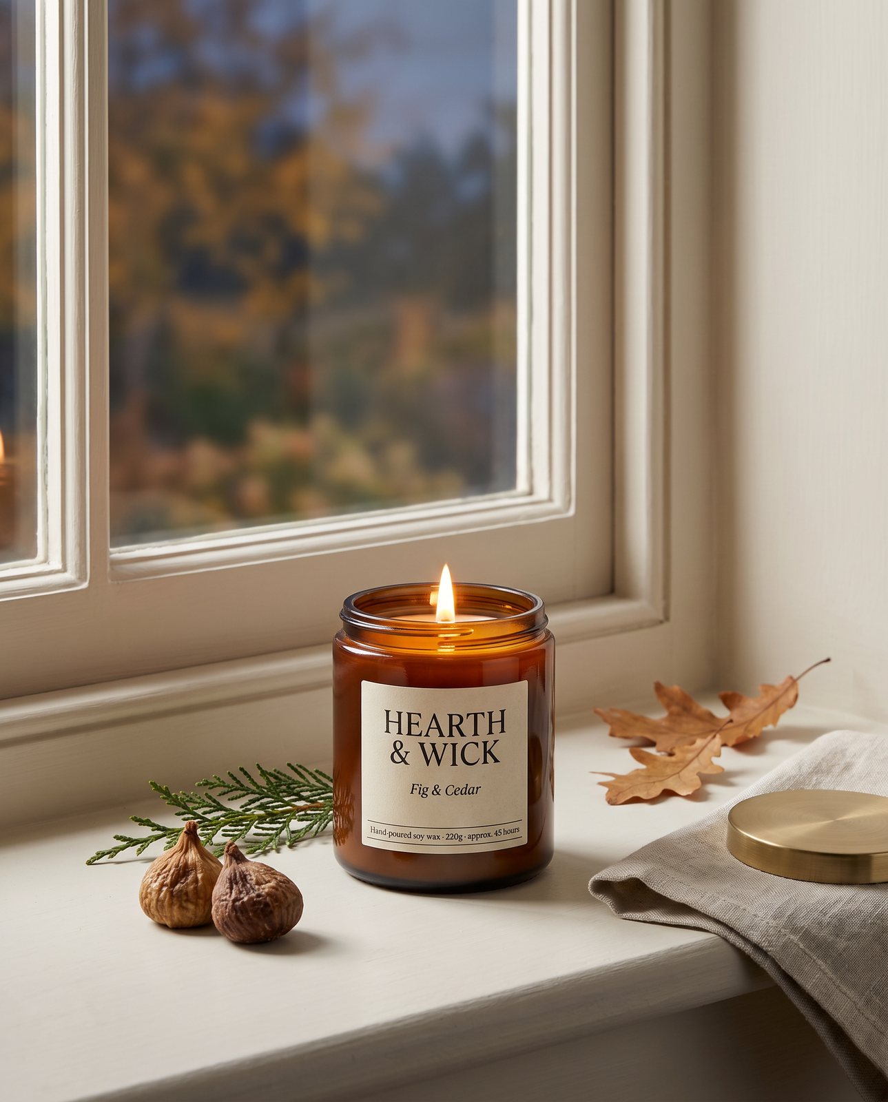 The same lit candle on a cream windowsill with an autumn view, dried figs, a cedar sprig, oak leaves and a linen cloth