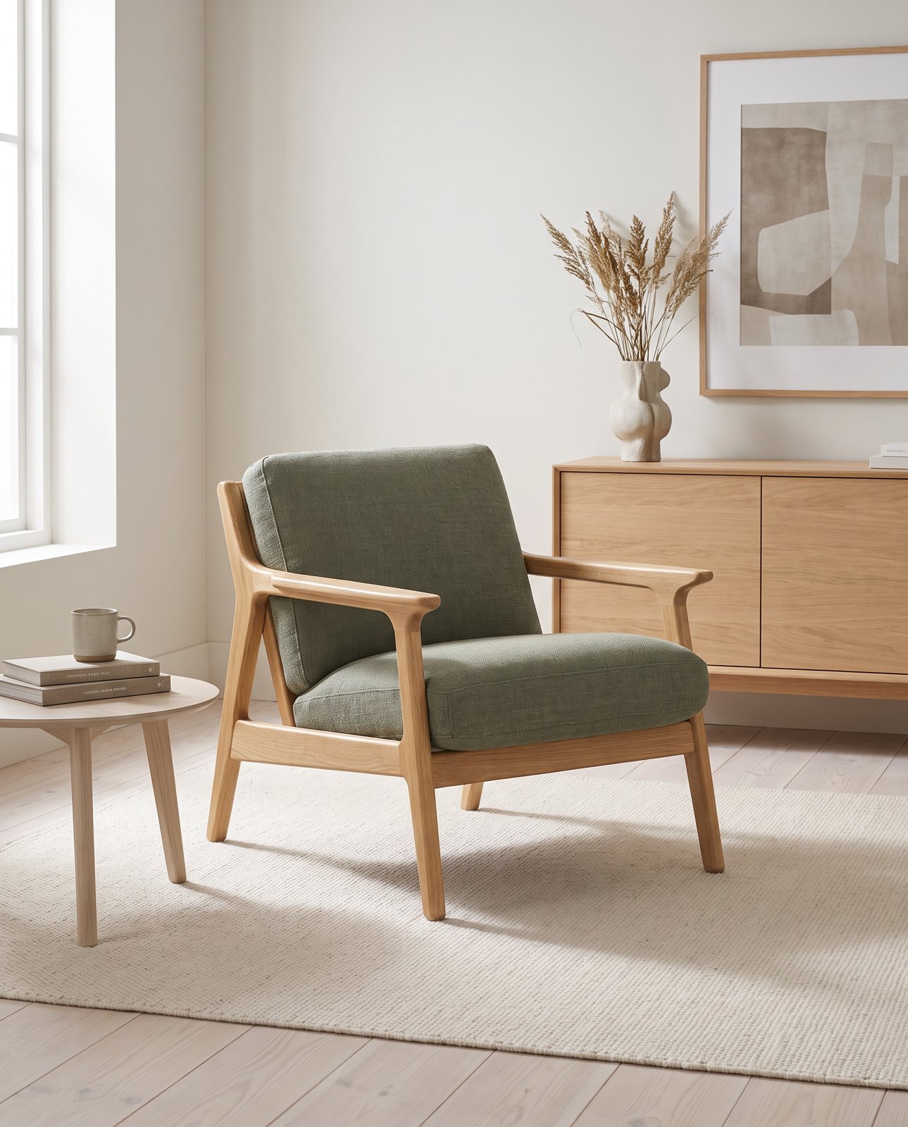 The same sage chair in a Scandinavian living room, in a taller portrait frame
