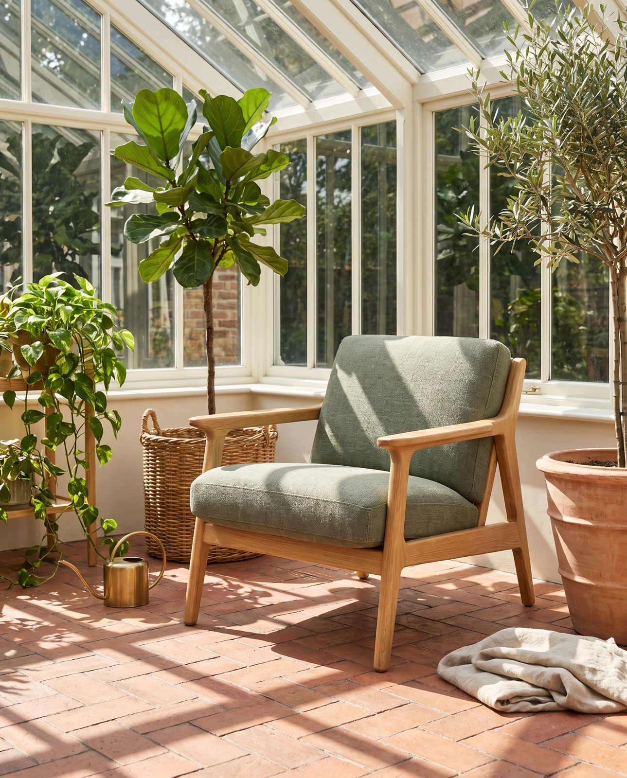 The sage upholstered oak armchair in a sunlit conservatory with terracotta tiles and potted plants