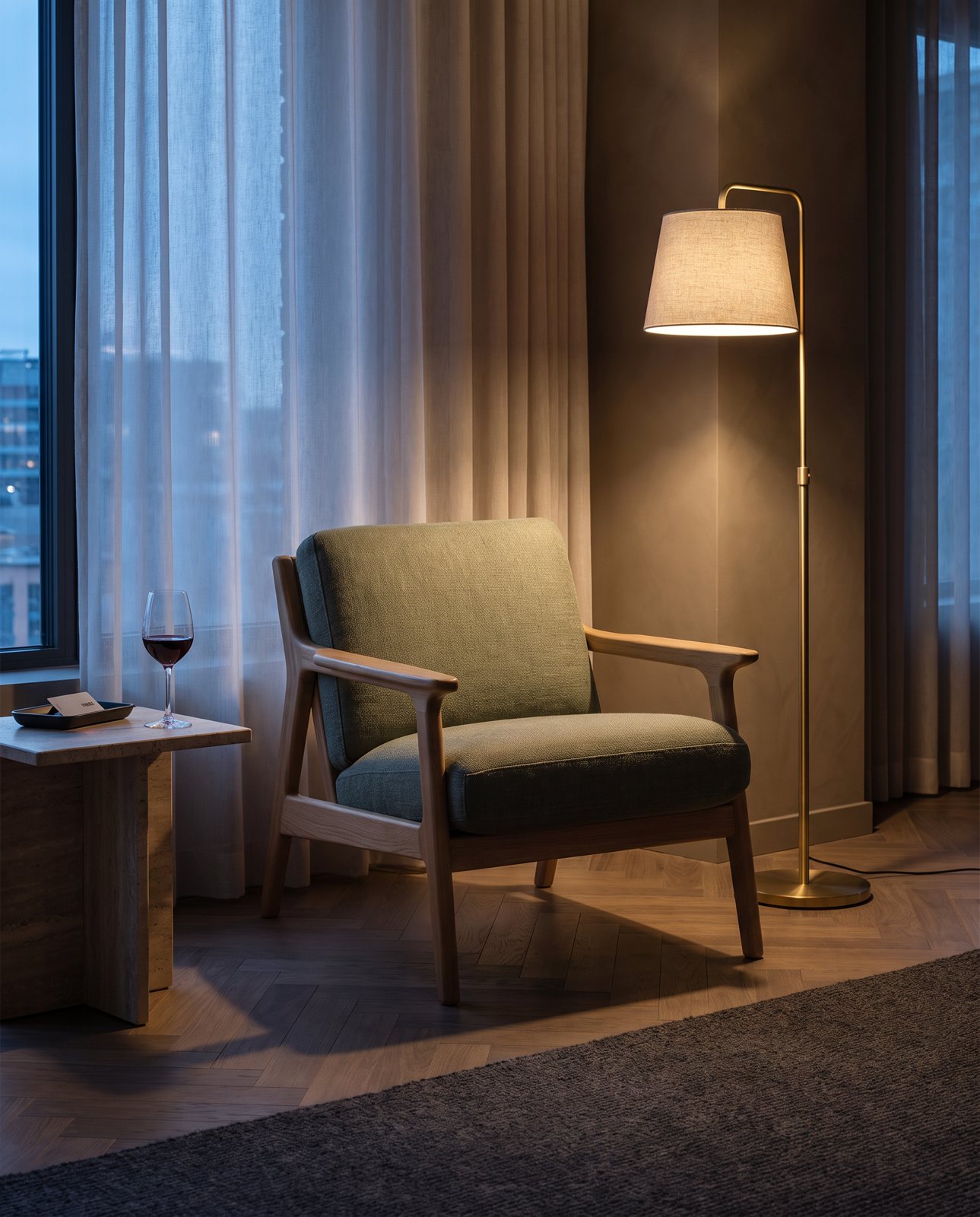 The same sage armchair in a dimly lit boutique hotel corner with curtains and a floor lamp