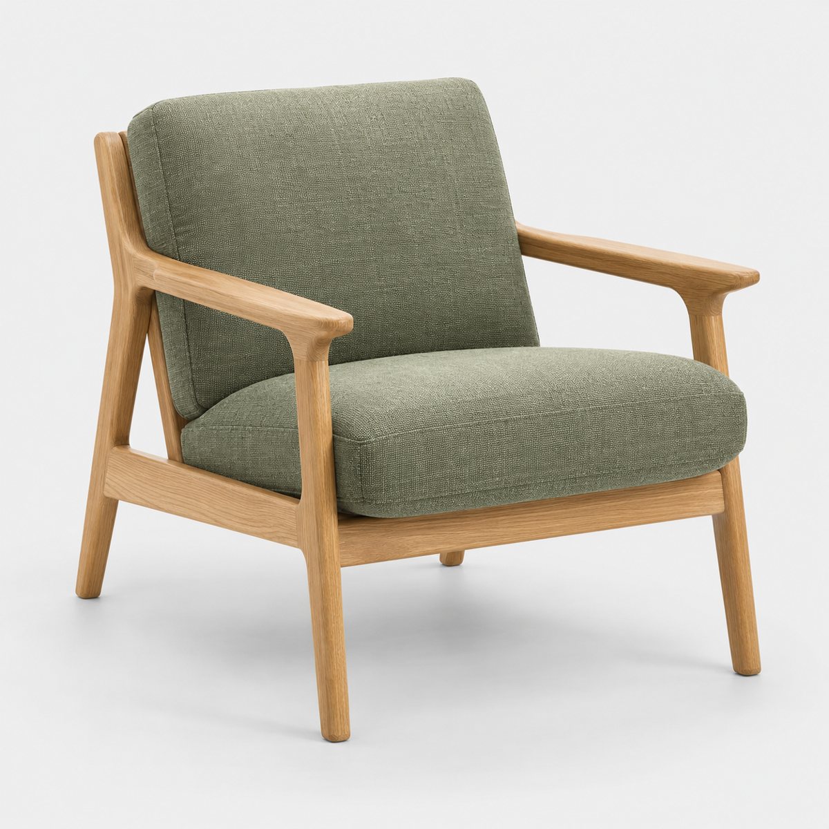 A sage accent chair with an oak frame on a plain background, in a square frame