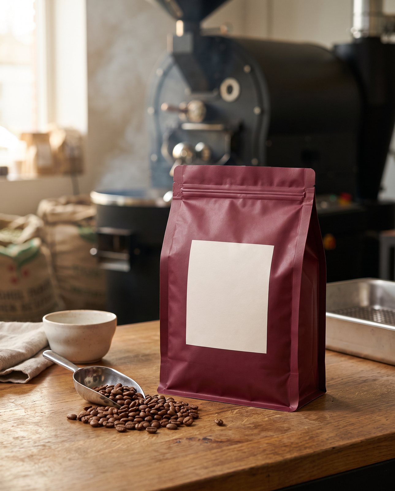 The burgundy coffee pouch with its blank cream label on a wooden roastery counter beside scattered beans and a scoop