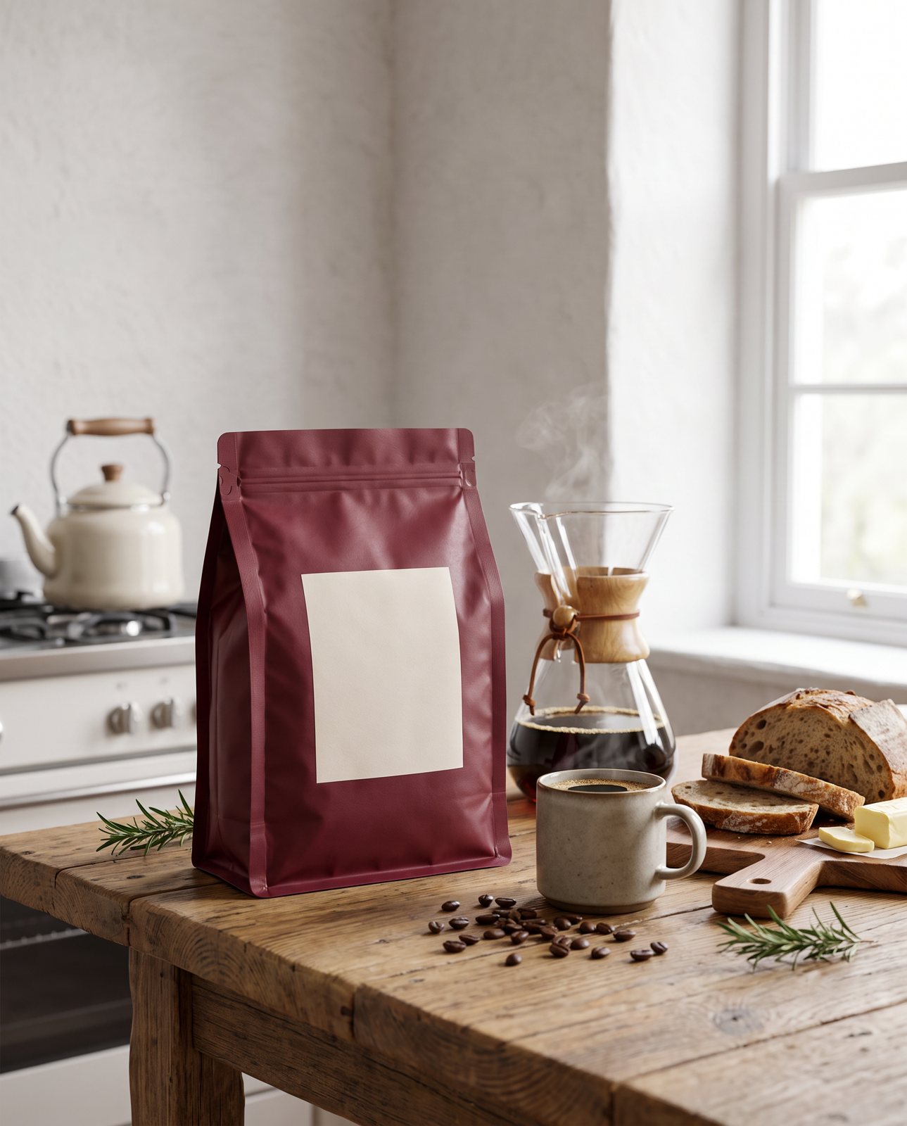A burgundy coffee pouch with a cream label on a rustic kitchen table beside a kettle, a pour-over and bread