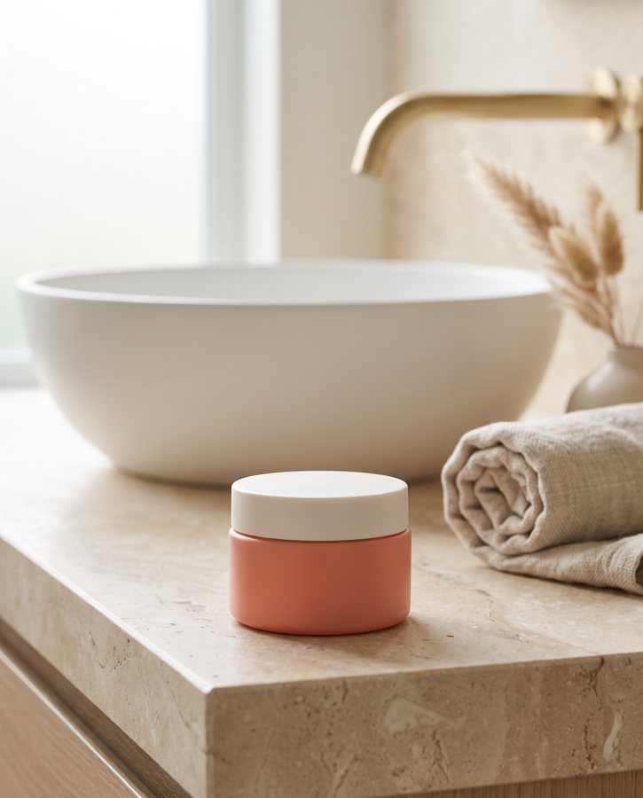 A rejected attempt: the coral cream jar on a stone bathroom counter, its colour drifted slightly from the original