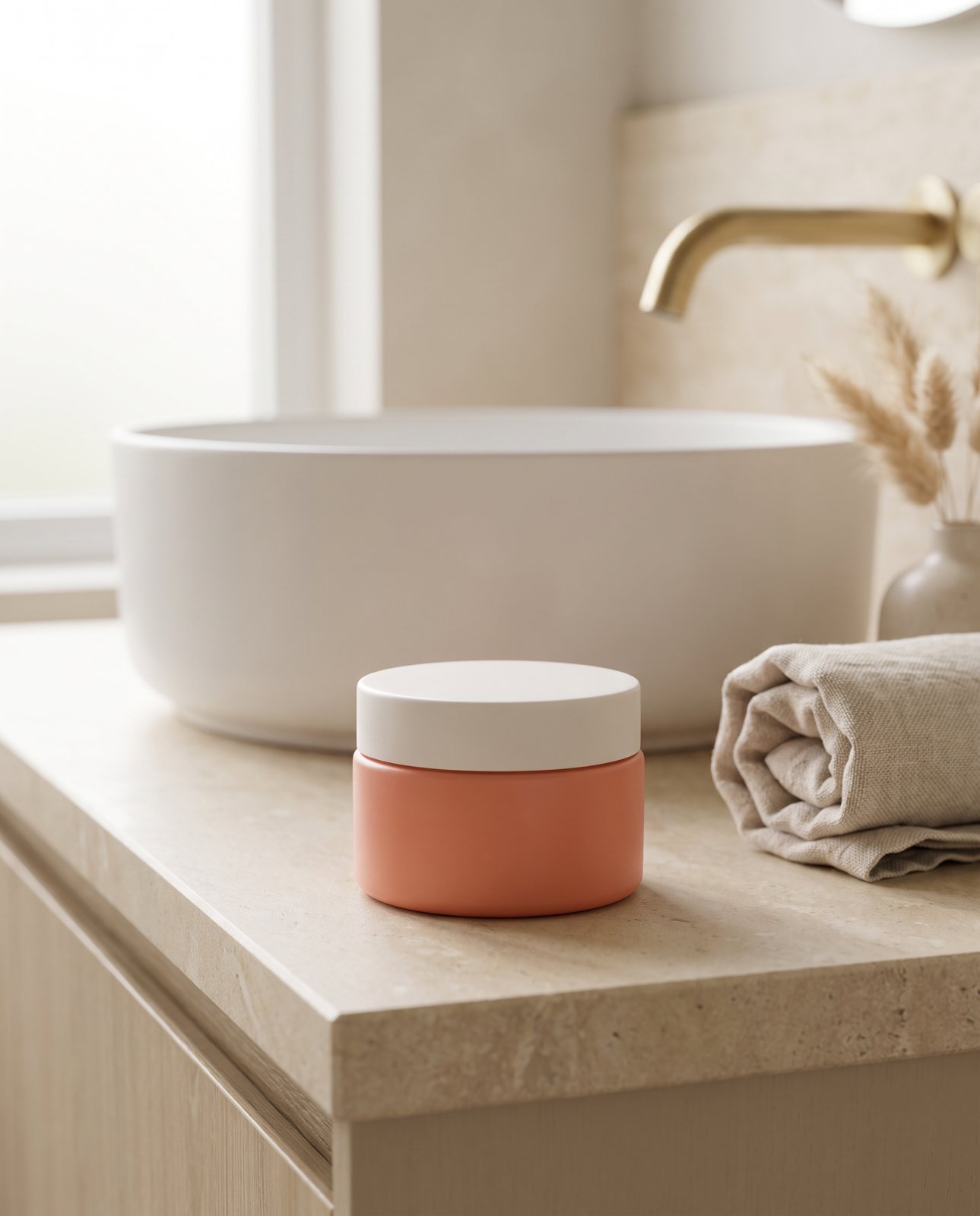 The delivered shot: the coral skincare jar with its white lid on a stone bathroom counter beside a basin and a rolled towel