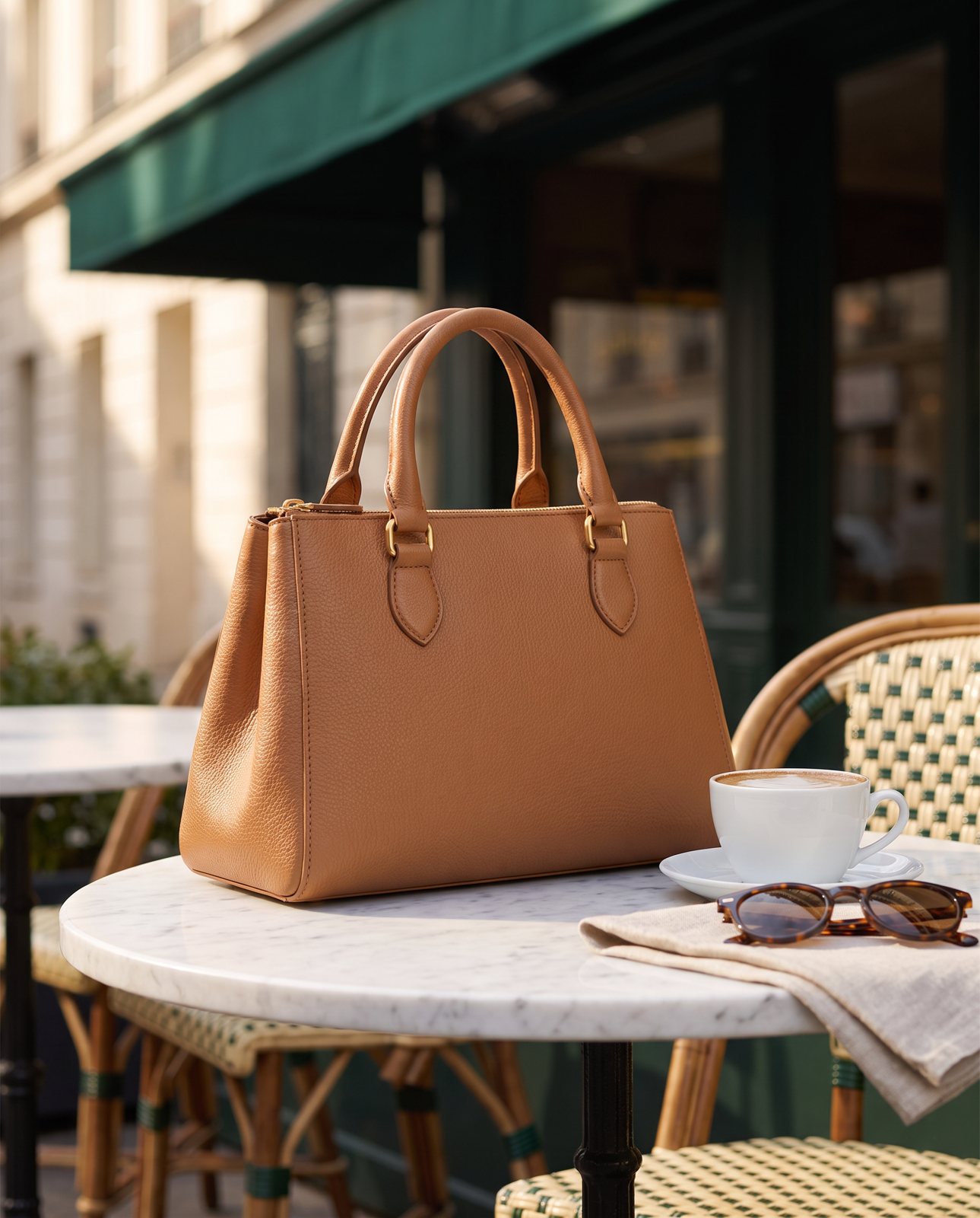 A tan leather handbag on a marble table outside a Parisian-style café, beside a coffee cup and sunglasses