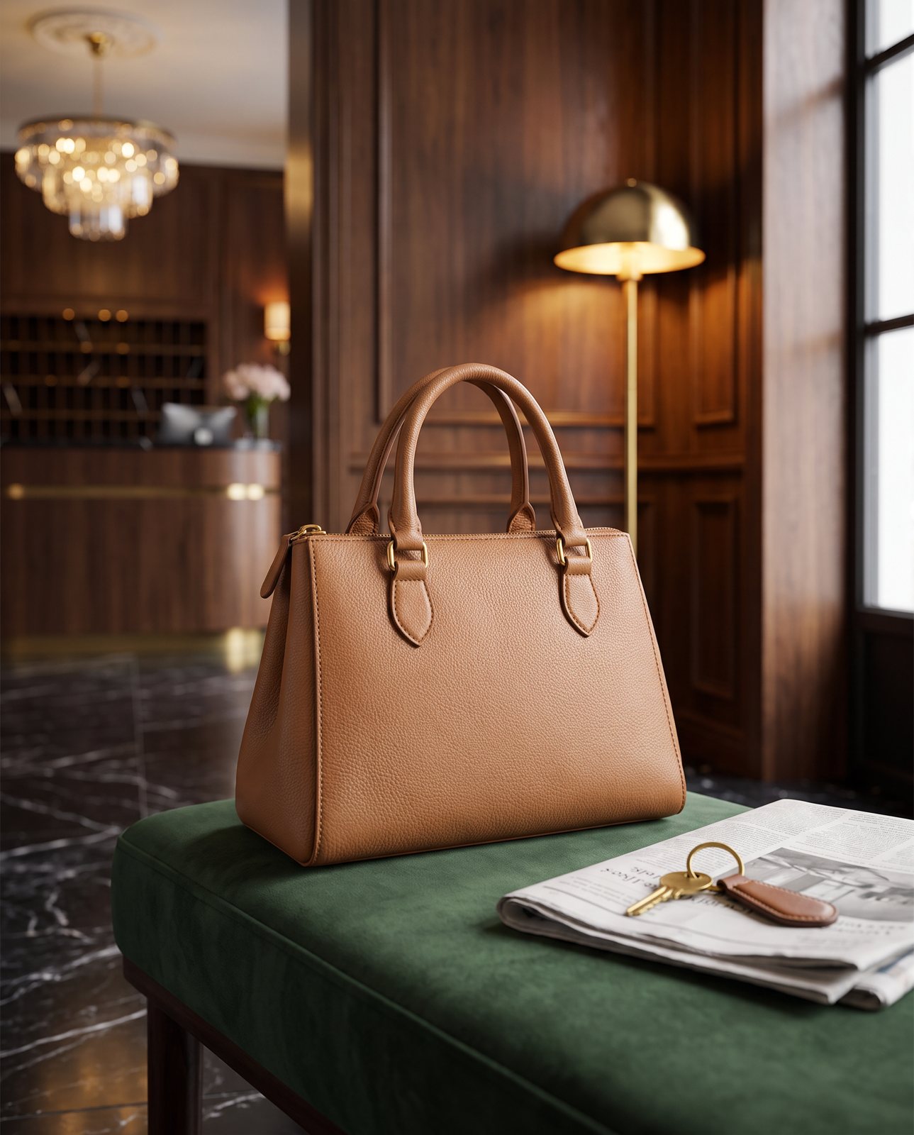 A structured tan leather handbag on a green velvet bench in a wood-panelled hotel lobby