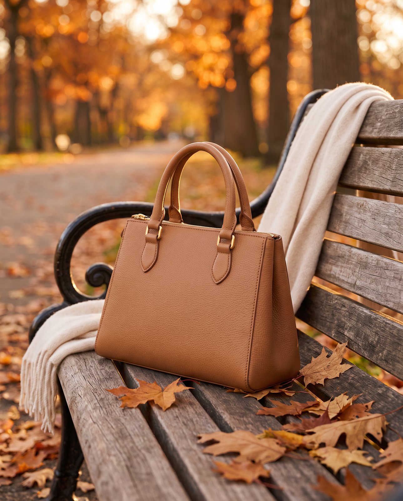 The tan leather handbag on a wooden park bench scattered with autumn leaves
