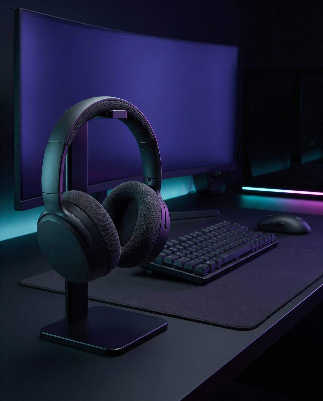 The charcoal over-ear headphones on a stand at a gaming desk lit in purple and teal