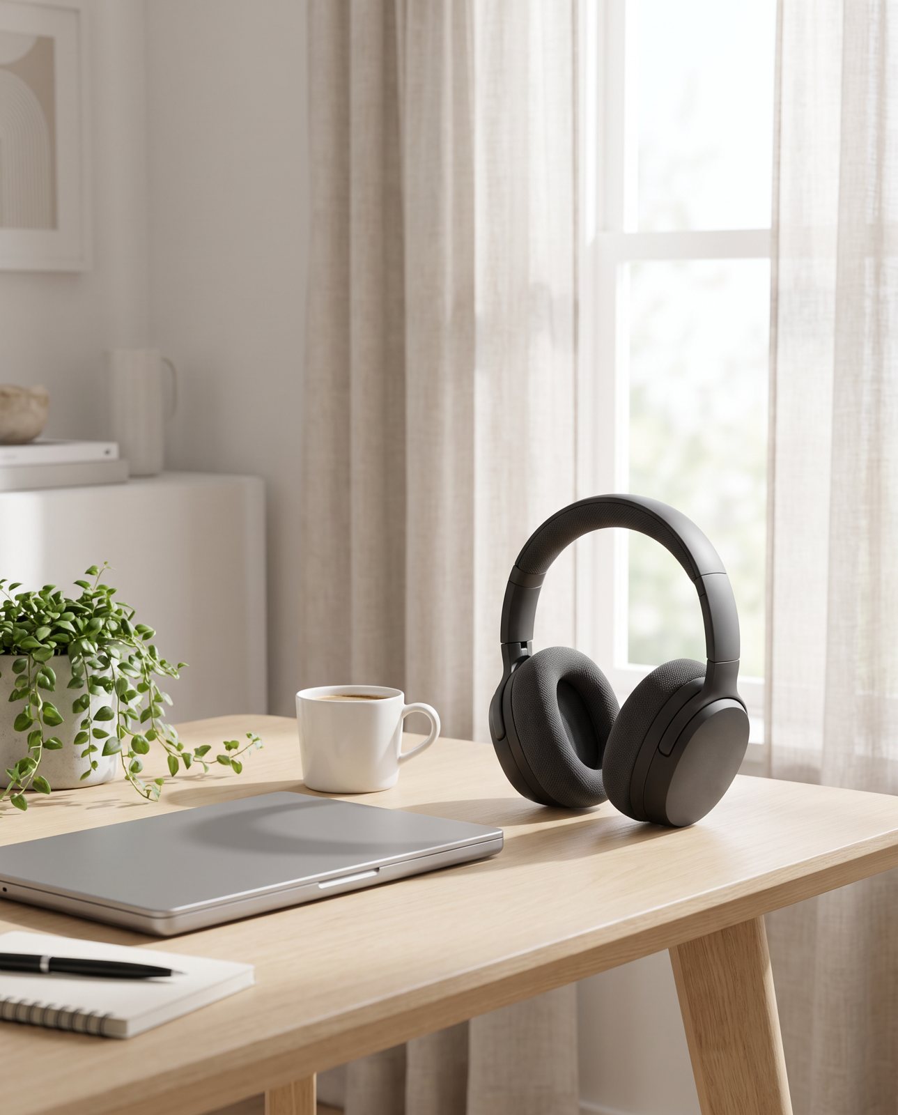 The same charcoal headphones on a bright modern desk beside a laptop and a mug