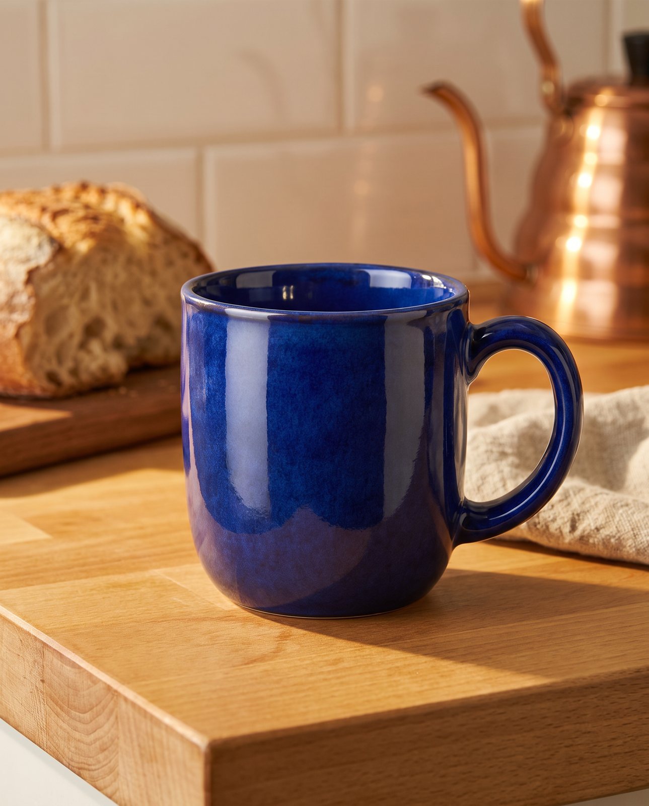 The same cobalt blue mug on a wooden kitchen counter with bread and a copper kettle in morning light