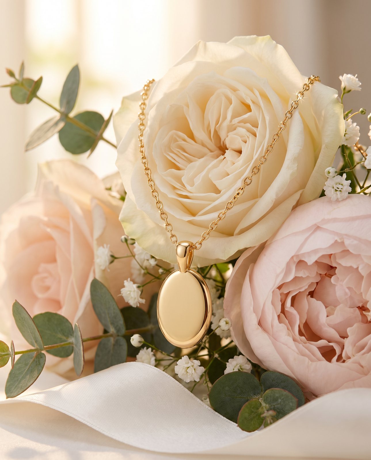 The same gold oval pendant necklace draped over a bridal bouquet of pale roses