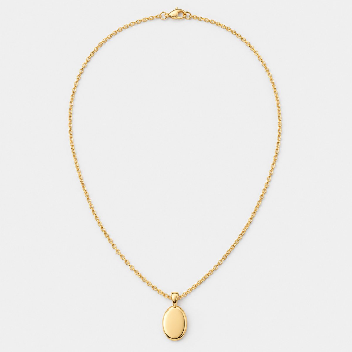 The original photo: a small gold oval pendant on a fine chain, laid on a plain pale background