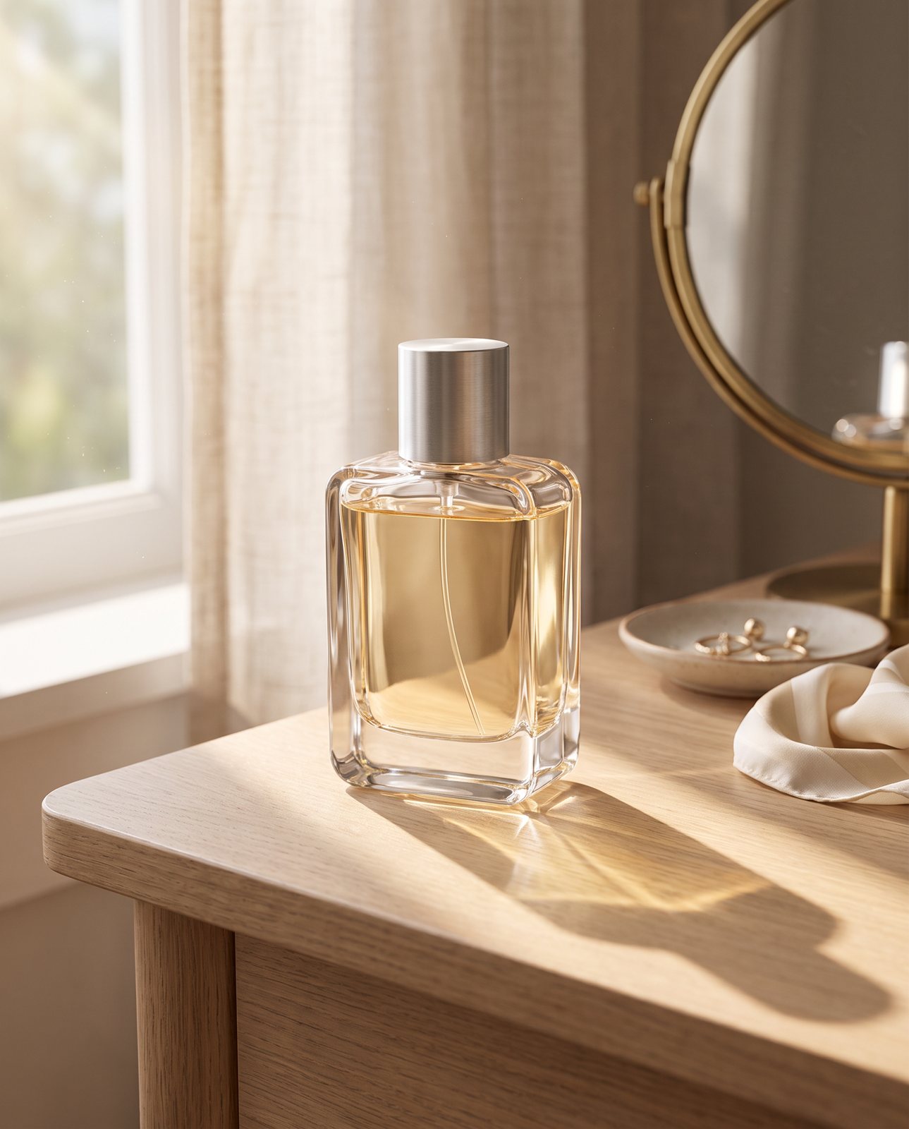 A clear glass perfume bottle with pale champagne liquid on a wooden dressing table by a sunlit window