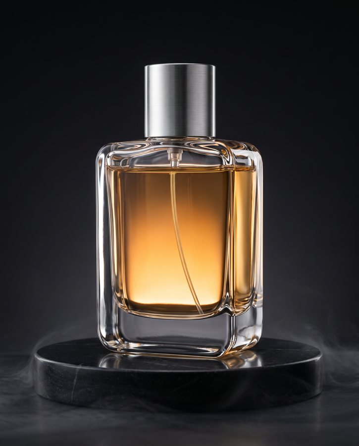 Attempt 1, rejected: the perfume bottle on a dark stone podium with its liquid turned deep amber