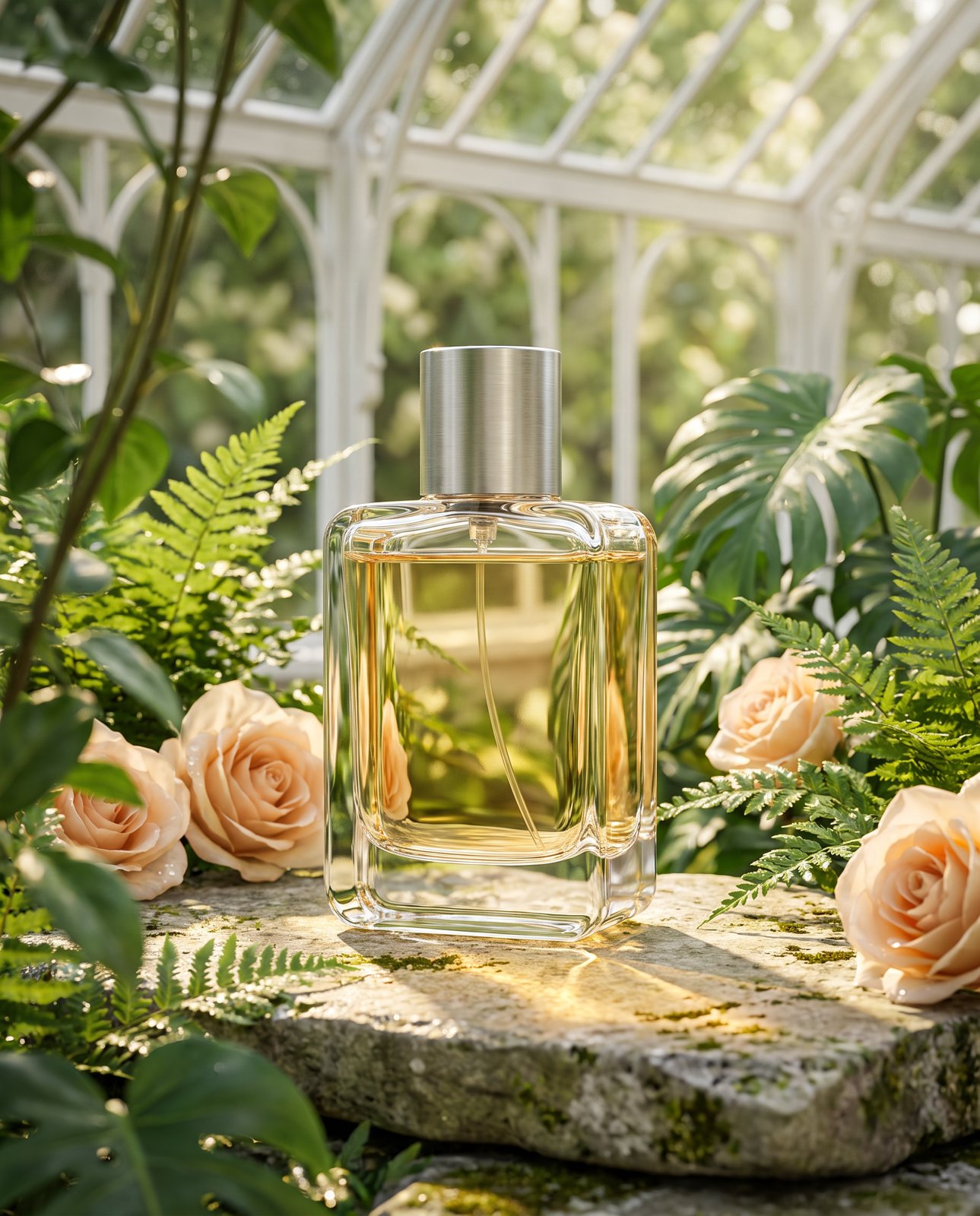 The same perfume bottle on a mossy stone among roses and ferns in a glasshouse garden