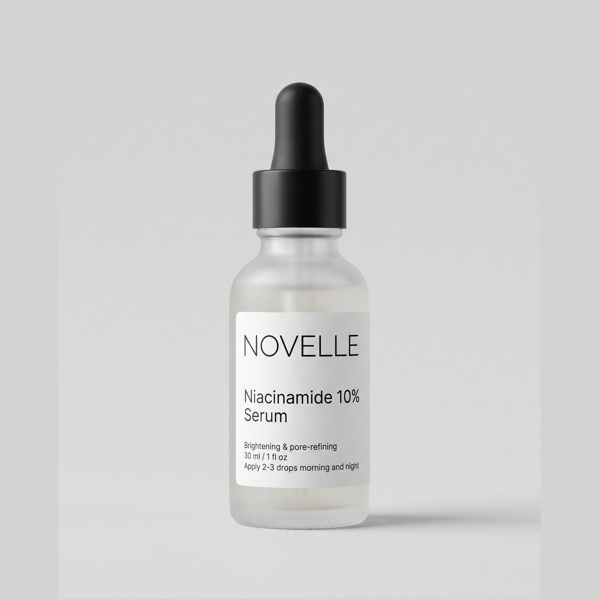 The original photo: a frosted glass serum bottle with a black dropper on a plain pale background