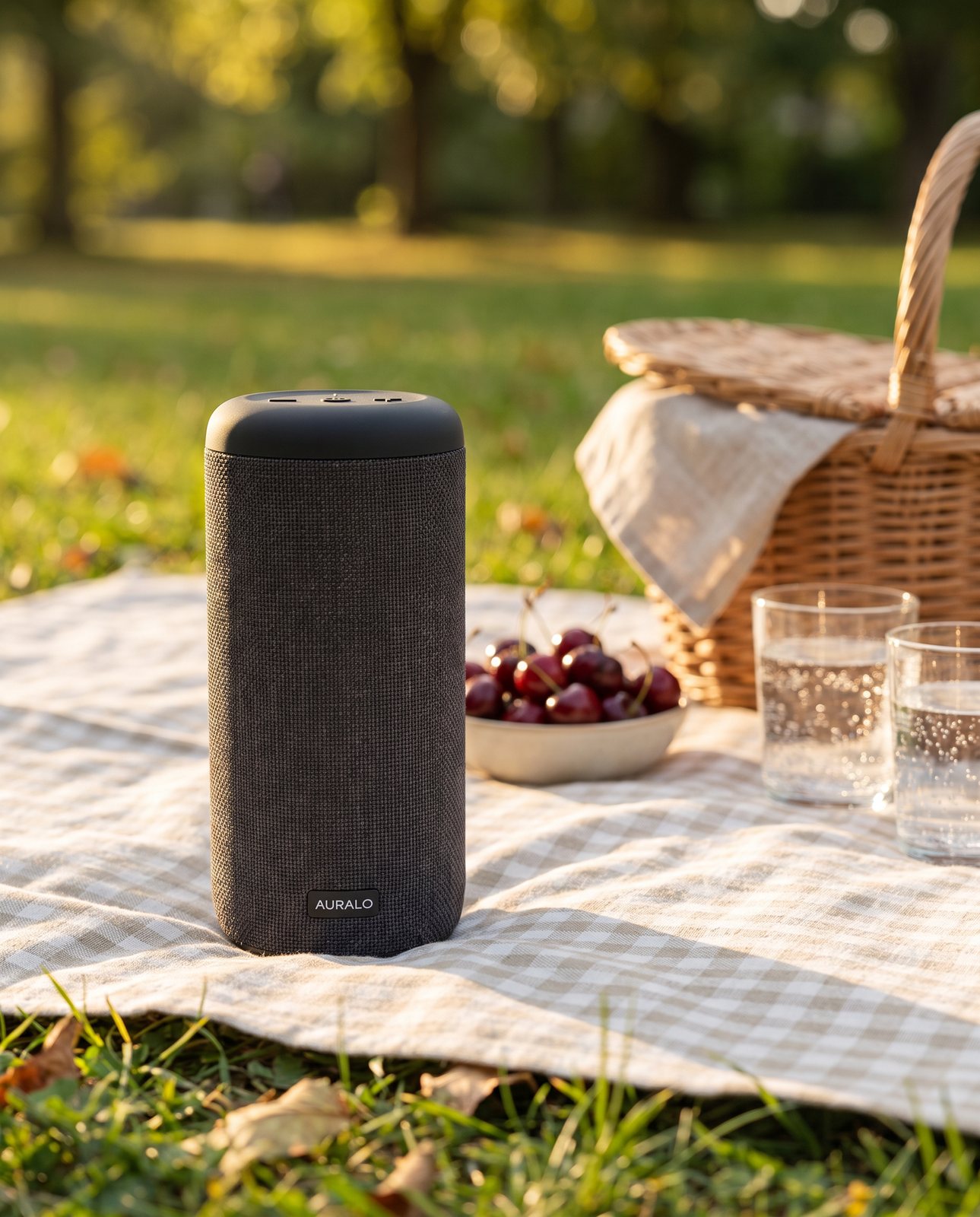 The same speaker standing on a checked picnic blanket in a sunlit park beside a basket, a bowl of cherries and two glasses of sparkling water