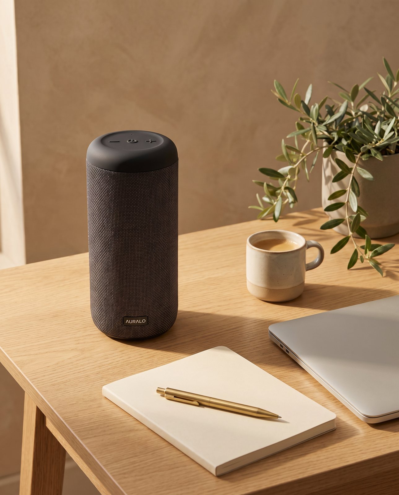 The same speaker on a light oak desk beside a coffee cup, a notebook with a brass pen, a plant and a closed laptop