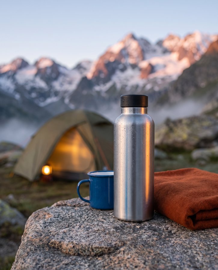 Attempt 1, rejected: the brushed steel drinks bottle on a rock at a mountain campsite with a tent behind