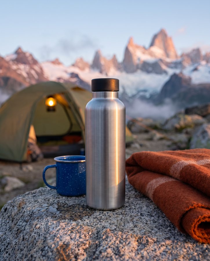 A rejected attempt: the brushed steel drinks bottle on a rock at a mountain campsite