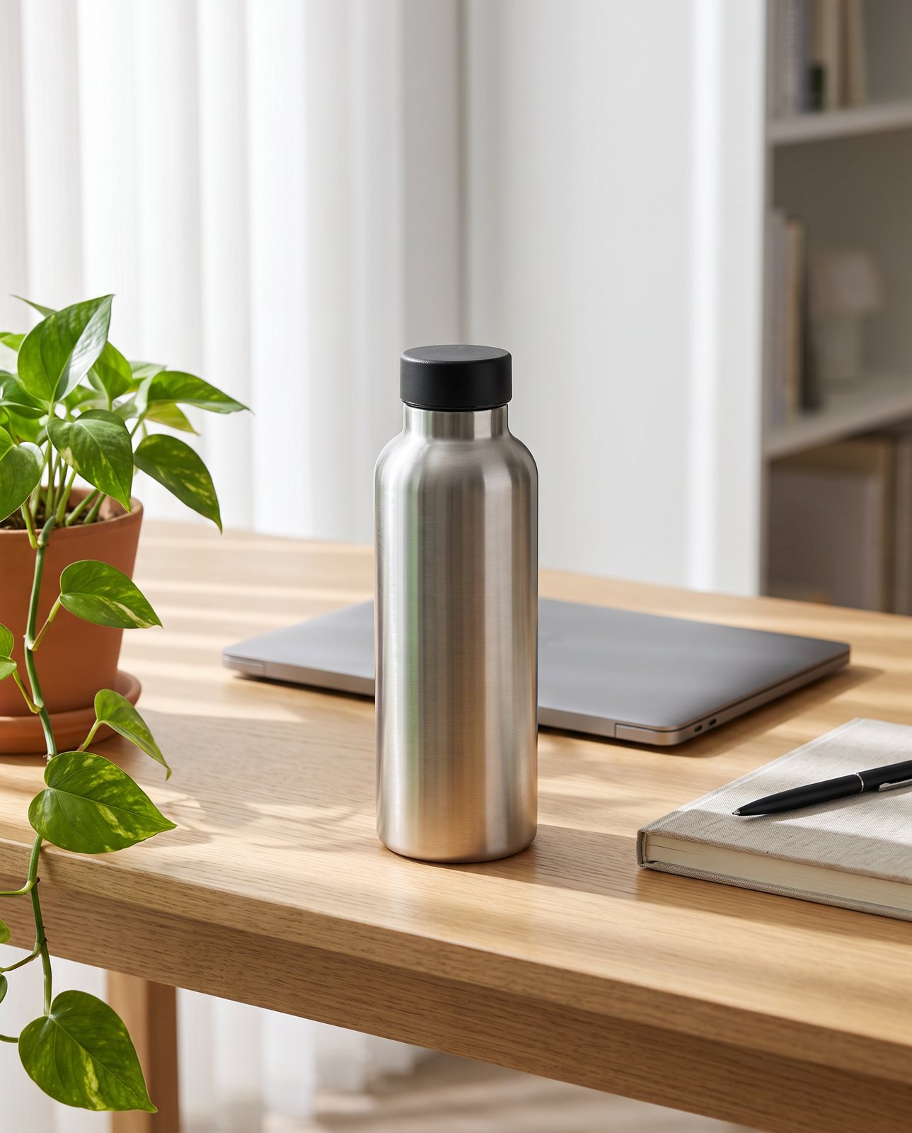 The brushed steel drinks bottle with its black cap on a light wooden desk beside a laptop and a plant