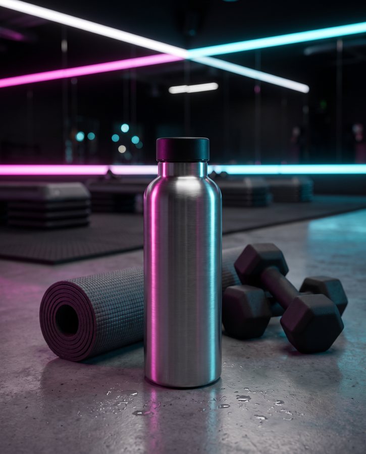 Attempt 1, rejected: the brushed steel drinks bottle in a neon-lit fitness studio beside a mat and dumbbells