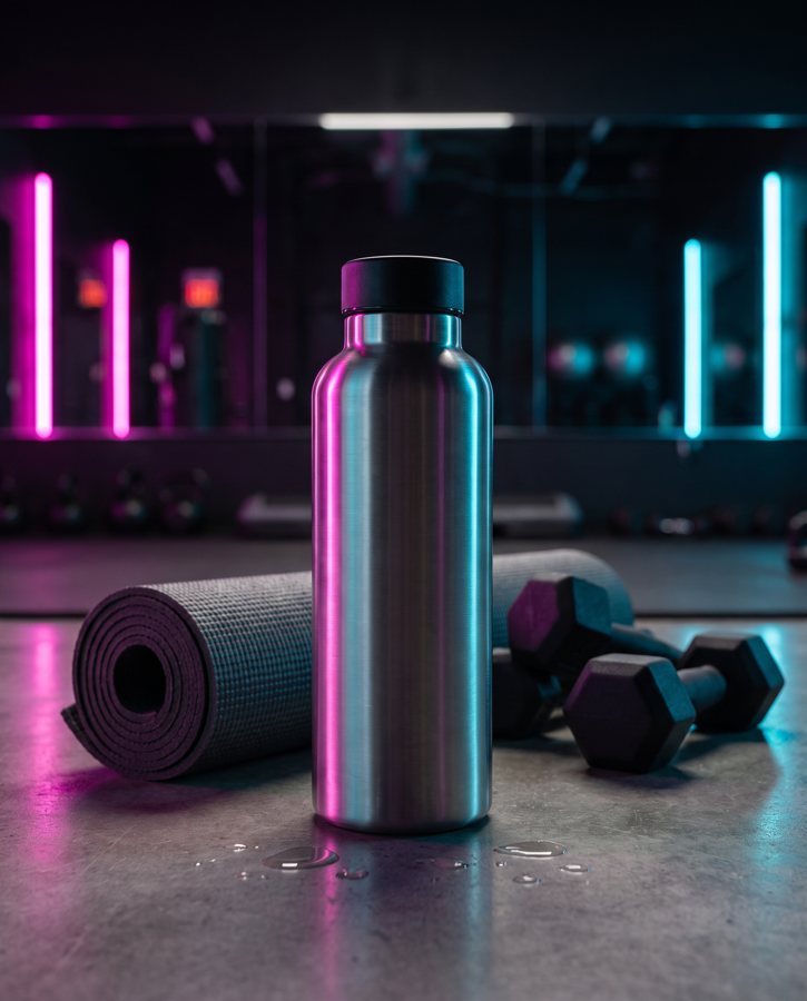 The brushed steel bottle in a dark fitness studio, its surface streaked with pink and blue neon reflections