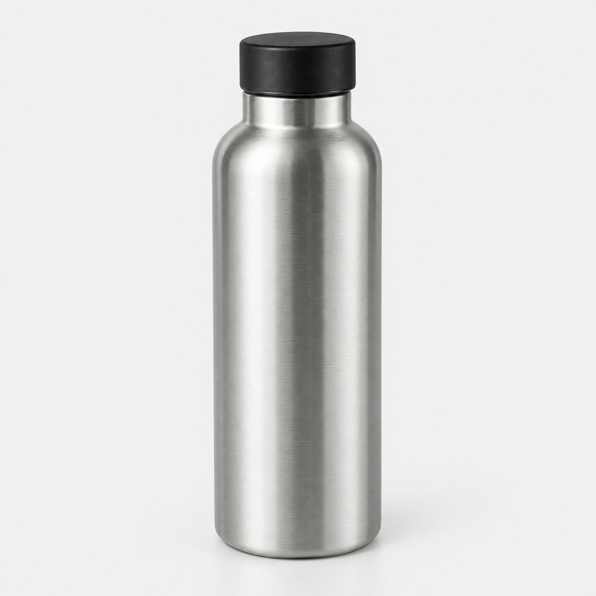 The original photo: a brushed stainless steel drinks bottle with a black screw cap on a plain light grey background