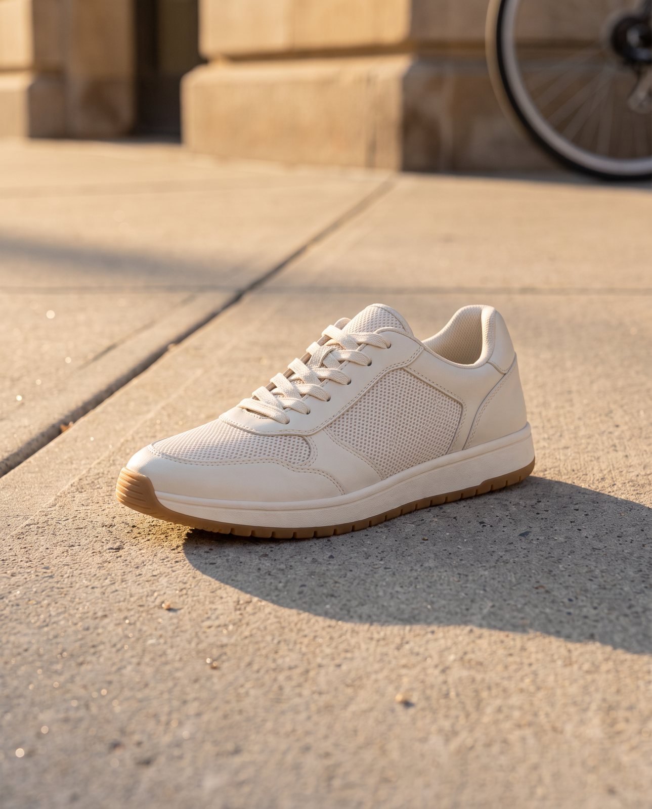 The same trainer on a sunlit city pavement, long low shadows across the paving stones