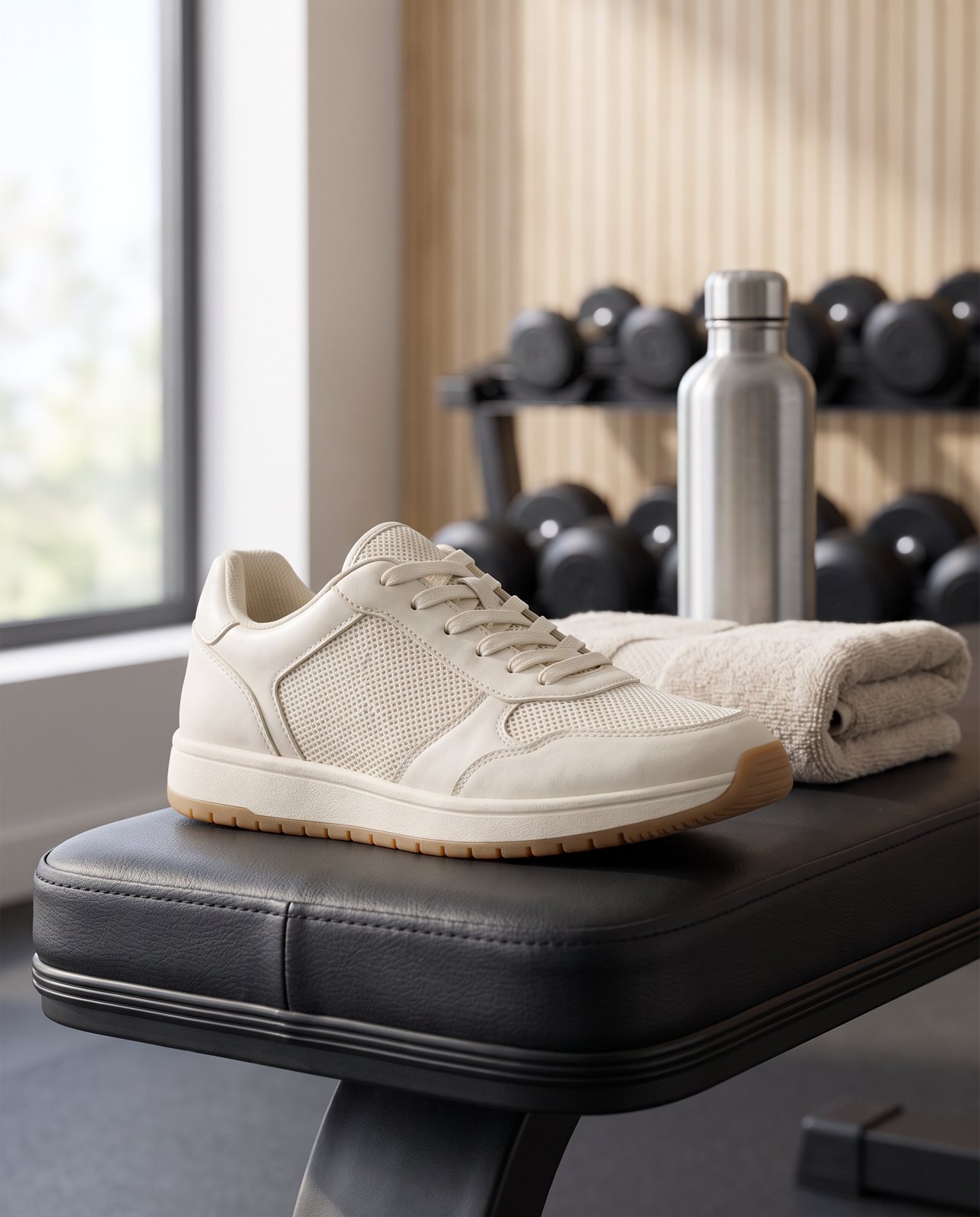 The same cream trainer on a black leather gym bench beside a folded towel, with dumbbells and a steel bottle behind