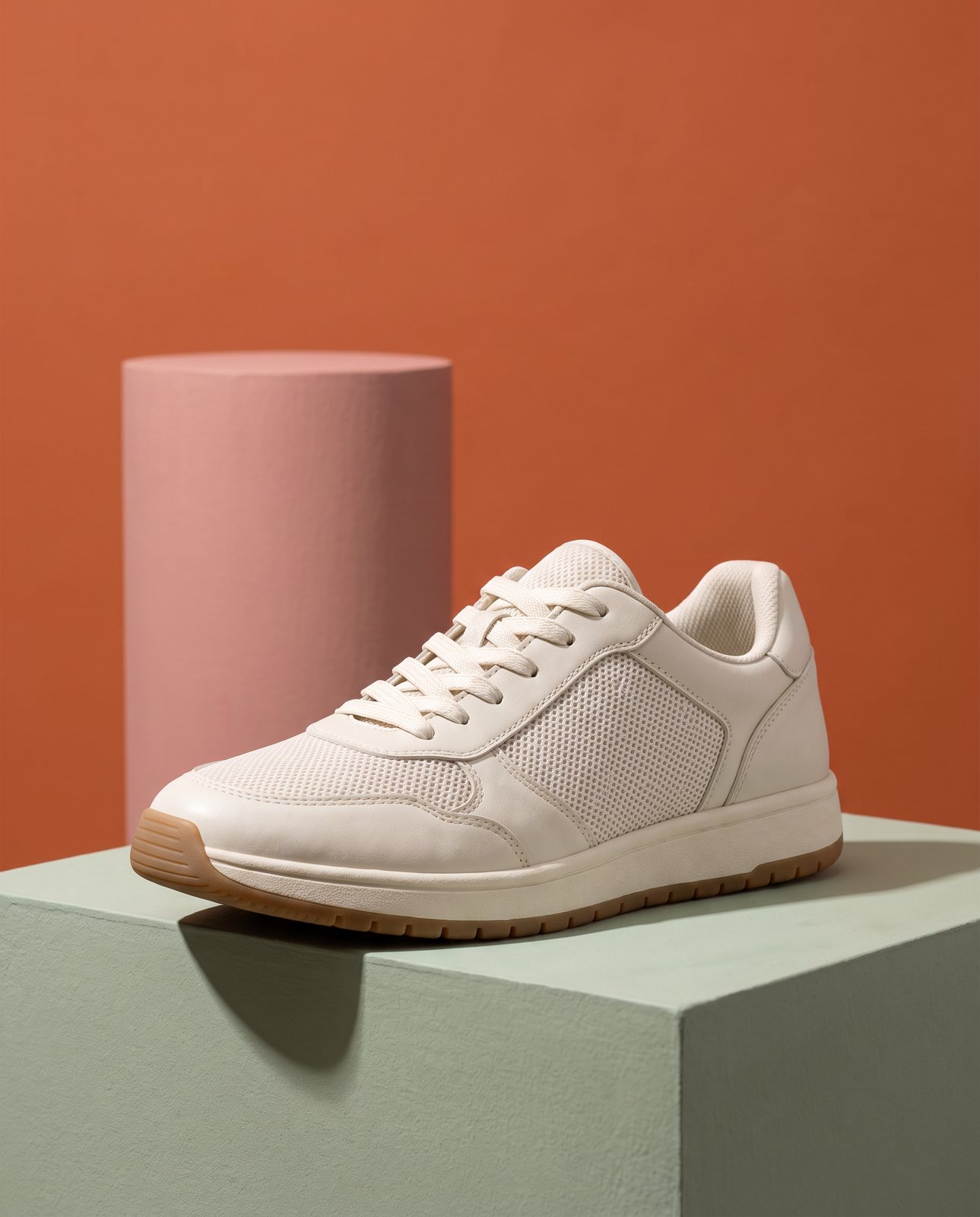 The cream trainer on a sage block in front of a terracotta wall and a pink cylinder